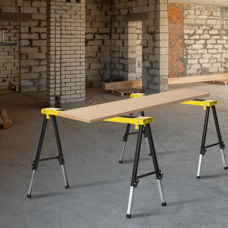 DURHAND Steel Set-of-2 Foldable Adjustable Saw Horses Tools / Yellow