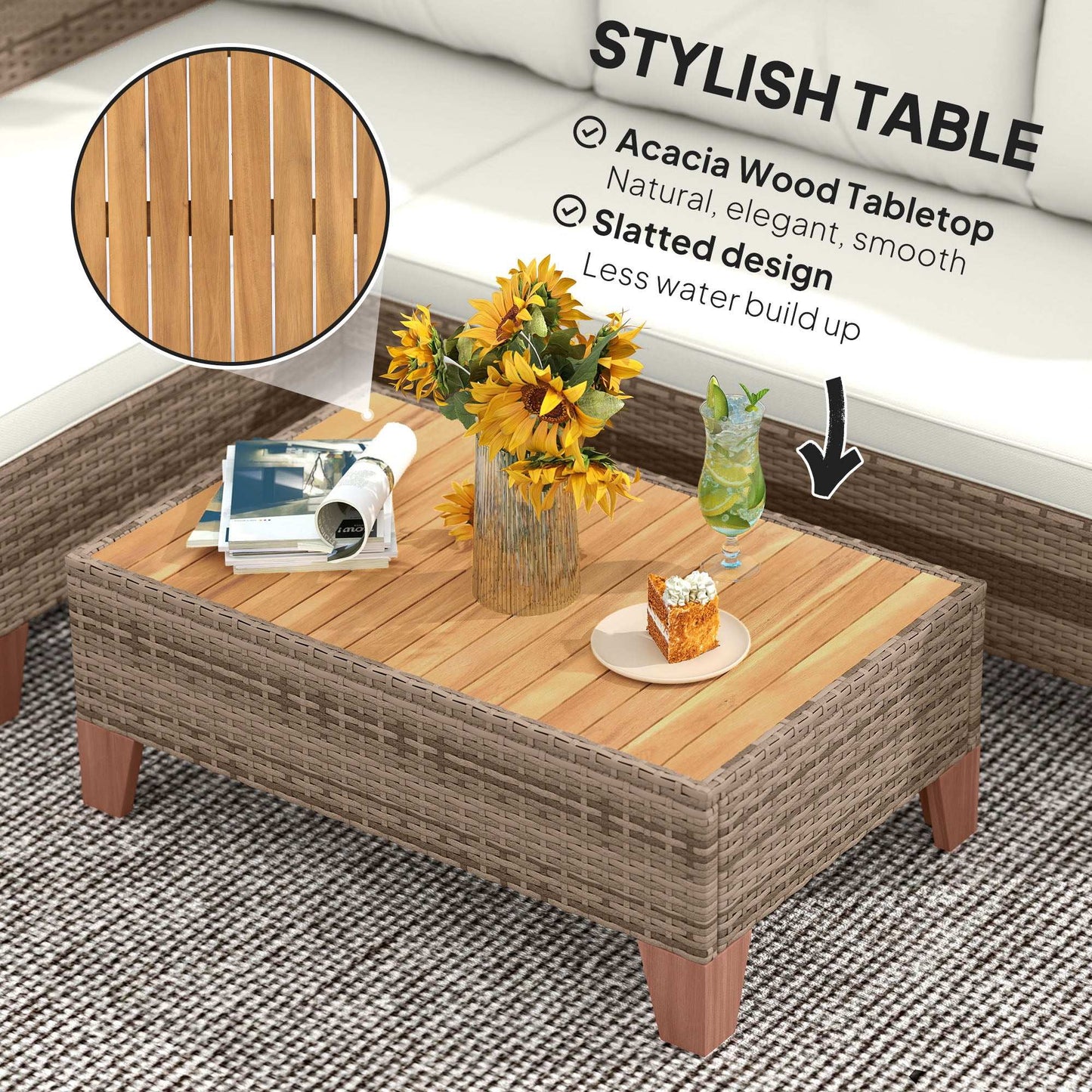 3 Pieces Rattan Garden Furniture Set, L Shaped Garden Conversation Chaise Lounge Furniture with Wood Top Coffee Table and Thick Cushions