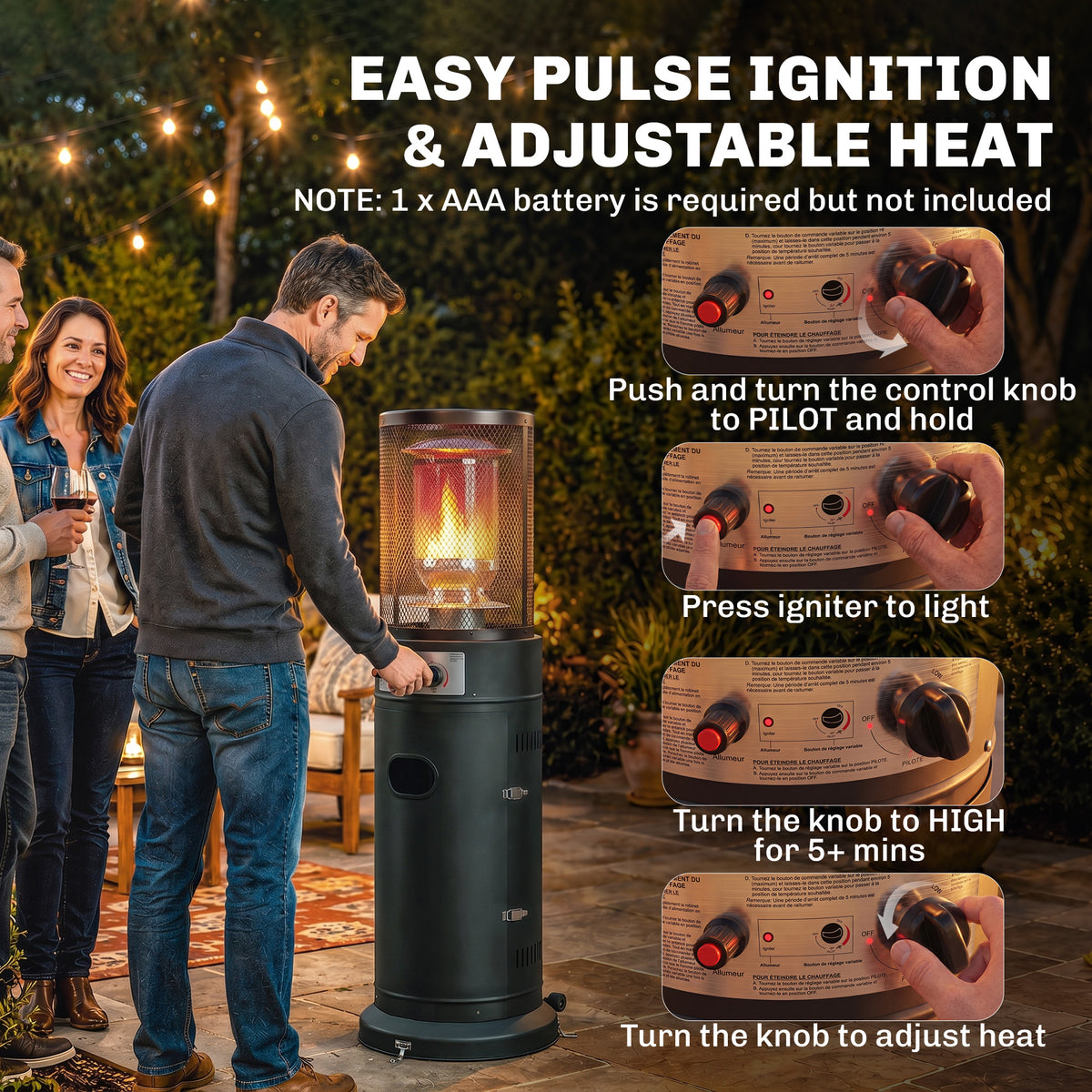 11kW Gas Patio Heater | 30m² Coverage | Propane & LPG | Pulse Ignition | Stepless Control | 45° Tilt Shutoff | Metal Mesh Guard | 2 Wheels | Pre-Drilled Stake Holes | 52x46x137cm | Black