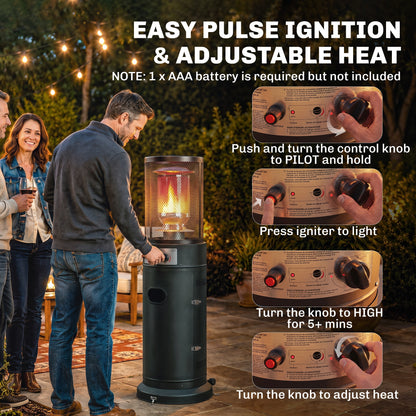 11kW Gas Patio Heater | 30m² Coverage | Propane & LPG | Pulse Ignition | Stepless Control | 45° Tilt Shutoff | Metal Mesh Guard | 2 Wheels | Pre-Drilled Stake Holes | 52x46x137cm | Black
