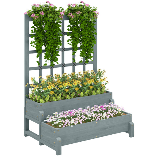2-Tier Raised Garden Bed with Trellis, Wooden Elevated Planter Box Outdoor Raised Planter for Climbing Plants, Fruits, Vegetables, Flowers, Grey