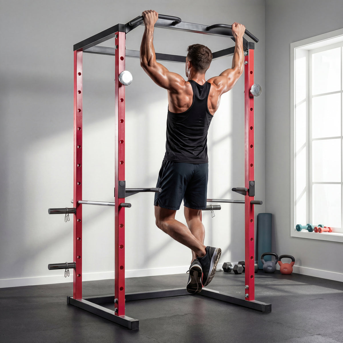 SPORTNOW Power Tower | Adjustable Squat Rack | Red & Black Steel | 160x112x215cm | 460kg Max Load | 11 Height Levels | Pull-Up Bar | Dip Station | Safety Arms | Plate Storage | Home Gym Strength Training