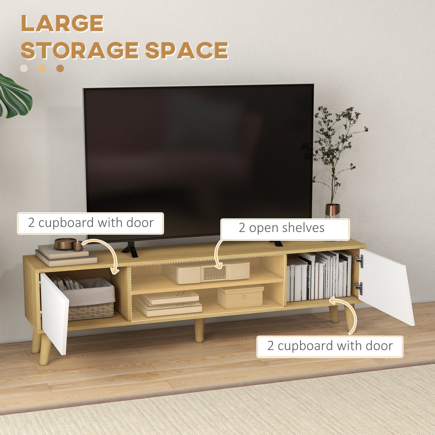 Retro Style TV Stand Cabinet Unit For TVs up to 65", TV Cabinet With Storage Shelves and Soft Closing Door Cupboard For Living Room, Bedroom, Oak and White