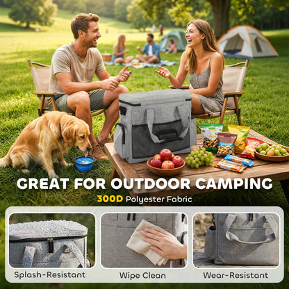 Pet Travel Bag | 2 Insulated Food Containers | Collapsible Bowl | Multiple Pockets | Waterproof 300D Fabric | Adjustable Shoulder Strap | Dogs & Cats | 38 x 17 x 35cm | Light Grey