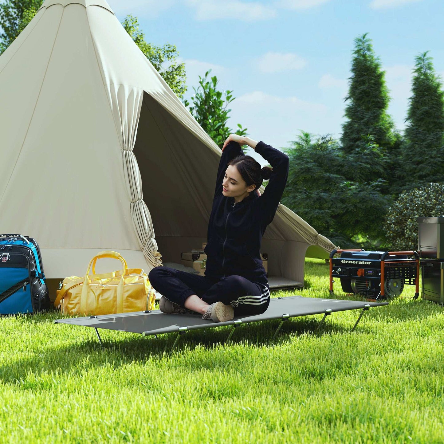 Outsunny Lightweight Camping Bed, w/ Strong Support 150kg and Carry Bag for Camping, Dark Grey
