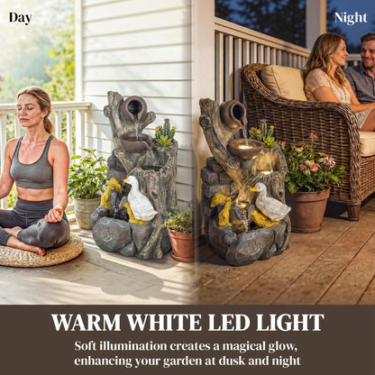 5-Tier Resin Log Waterfall Fountain | Warm White LED Lights | Adjustable Pump | Integrated Planter | 6-8L | 5W | 230V | 3m Cable | 30x28x56cm | Garden & Patio | Mixed Colour