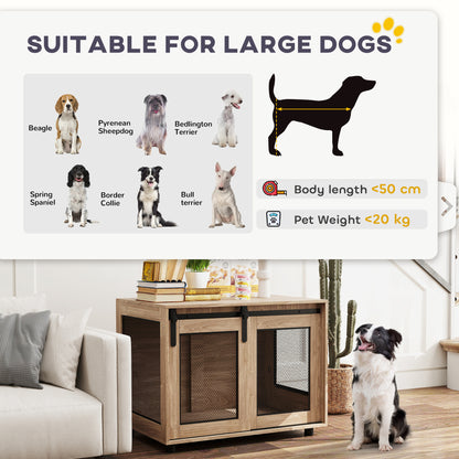 Dog Crate Furniture Side Table | Barn Door & Side Door | 3-Sided Ventilation | Medium Dogs up to 20kg | 80 x 58.5 x 63cm | Walnut Brown