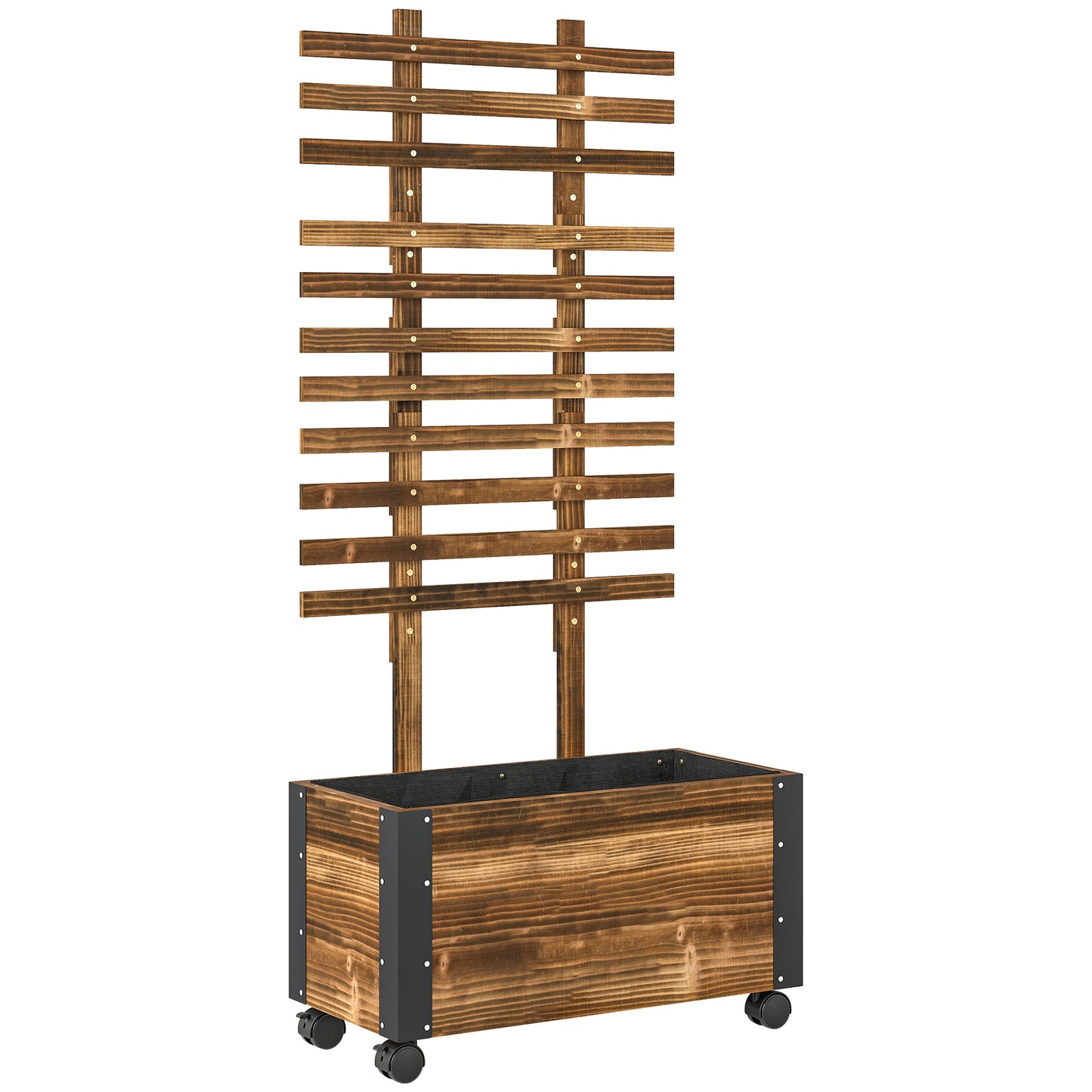 Carbonised Wood Raised Planter with Ladder Trellis | Reinforced Metal Corners | 4 Wheels 2 Lockable | Non-Woven Liner | Drainage Holes | 35kg Capacity | 65x31x147cm | Carbonised