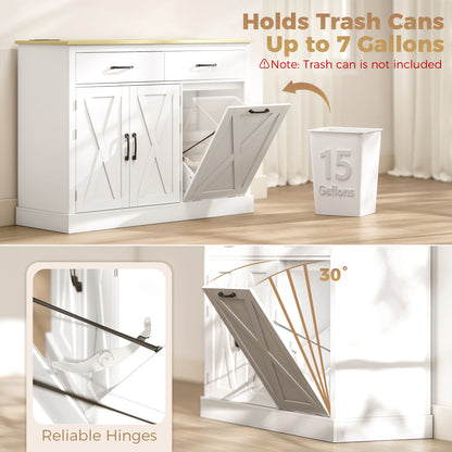 Tilt Out Trash Cabinet with Built-In Charging Station & Kitchen Island Storage | 57L Hidden Bin | 2 Drawers 2-Tier Cabinet 4 Door Racks | AC USB USB-C Ports | Farmhouse Style | White or Black | 112x40x83.5cm | Anti-Tip | Assembly Required
