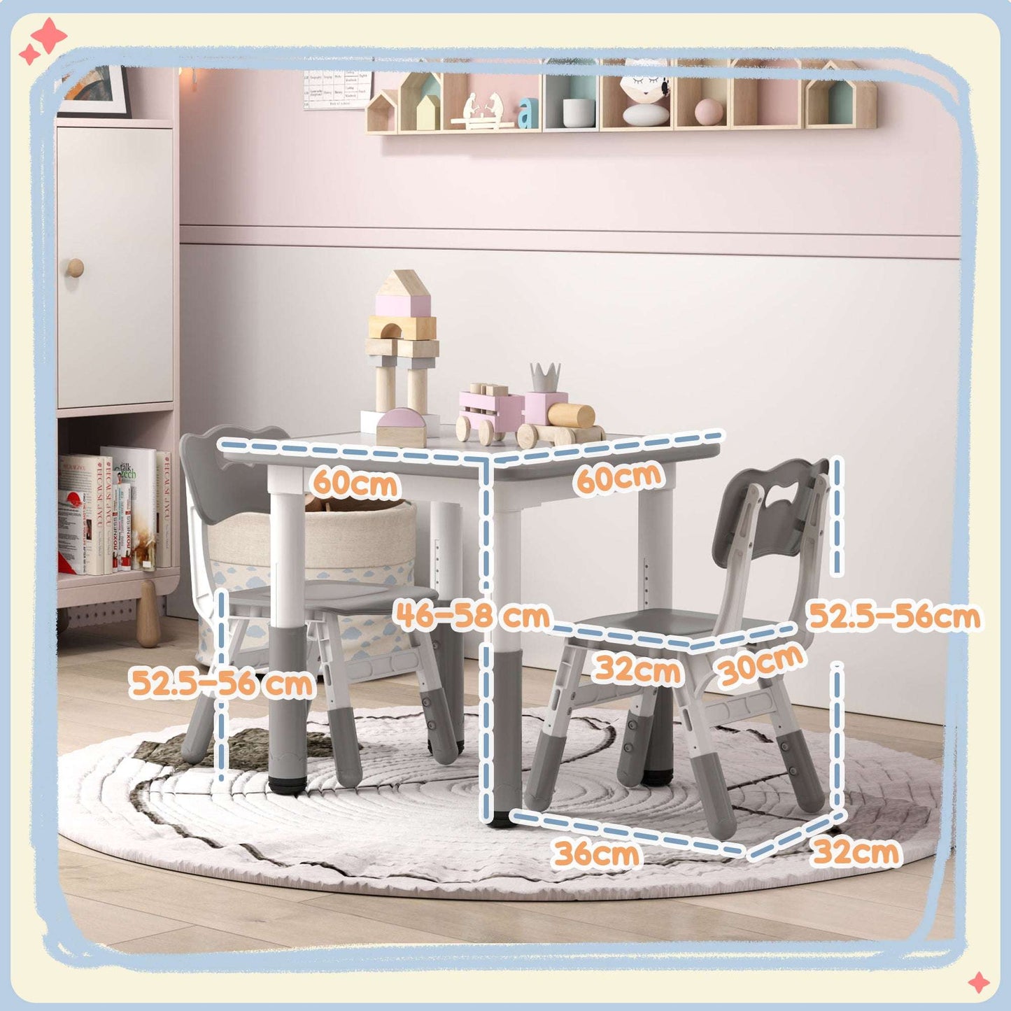 AIYAPLAY Height Adjustable Toddler Table and Chair Set, 3 Pcs Children Activity Table w/ 2 Chairs, for Playroom, Bedroom - Grey / Pink