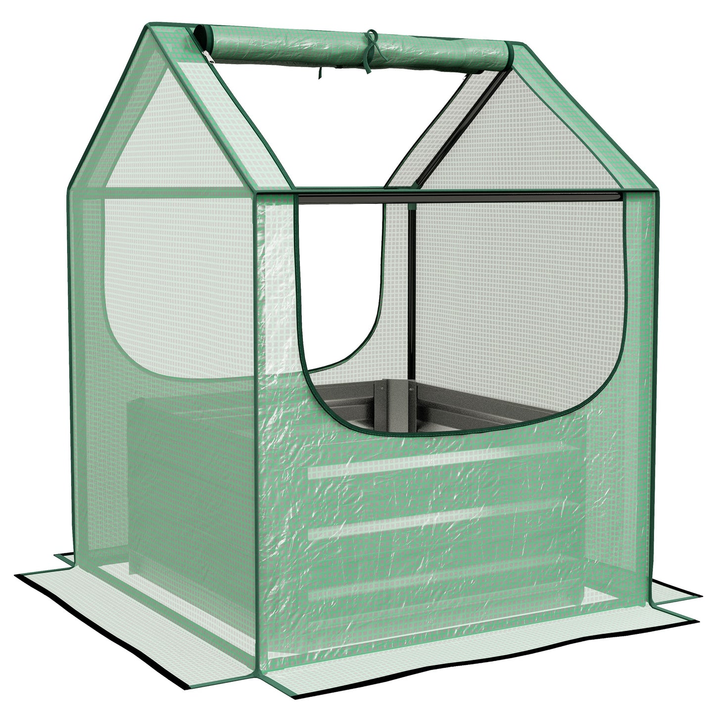 2-in-1 Raised Garden Bed with Mini Greenhouse Cover | Galvanised Steel Base | Open Bottom | 2 Roll-Up Windows | 61x61x29.5cm Bed | 70x70x90cm Cover | Green & Silver