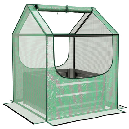 2-in-1 Raised Garden Bed with Mini Greenhouse Cover | Galvanised Steel Base | Open Bottom | 2 Roll-Up Windows | 61x61x29.5cm Bed | 70x70x90cm Cover | Green & Silver