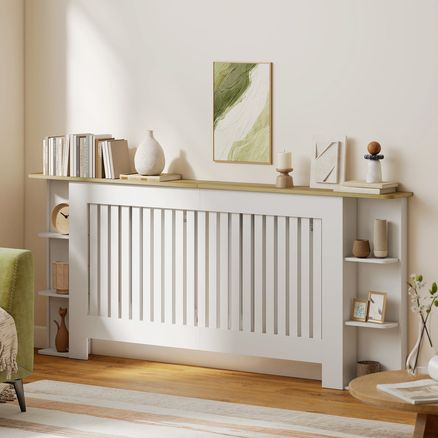 Radiator Cover with Open Storage Shelves, Vertical Slatted Cabinet Shelf Heater Cover for Living Room, Hallway, Extra Large, White (H: 83 / W: 191 / D: 19 cm)