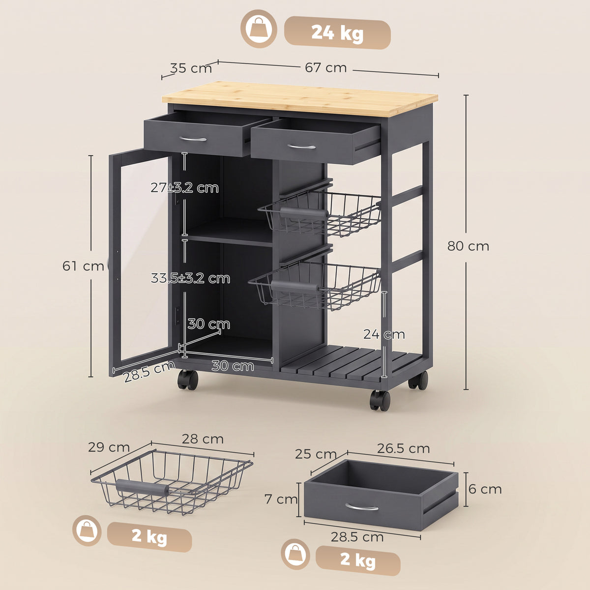 Rolling Kitchen Island Trolley | Bamboo Worktop | Glass Door Cabinet | 2 Wire Baskets | 2 Drawers | Adjustable Shelf | 4 Wheels | 67x35x80cm | Grey