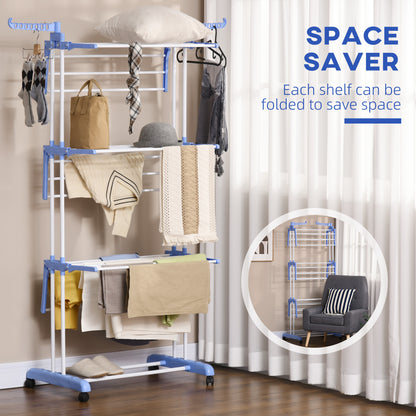 Foldable Clothes Drying Rack, 4-Tier Steel Garment Laundry Rack with Castors for Indoor and Outdoor Use, Blue