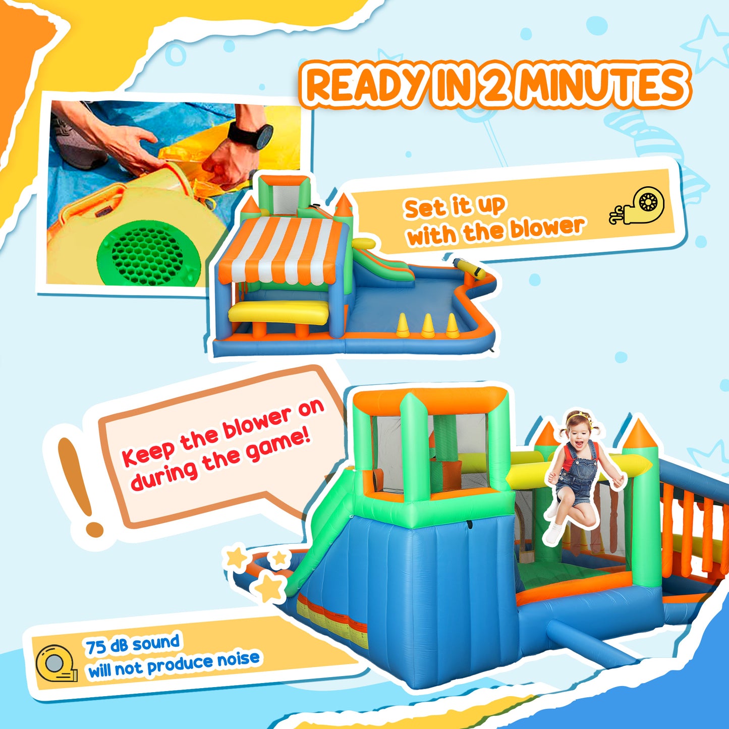 8 in 1 Inflatable Bounce House Bouncy Castle with 680W Blower, Slide, 2 Pools, Basketball Hoop, Climbing Wall, Water Gun, Ring Toss