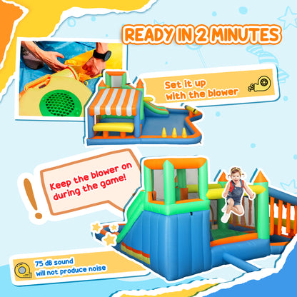 8 in 1 Inflatable Bounce House Bouncy Castle with 680W Blower, Slide, 2 Pools, Basketball Hoop, Climbing Wall, Water Gun, Ring Toss