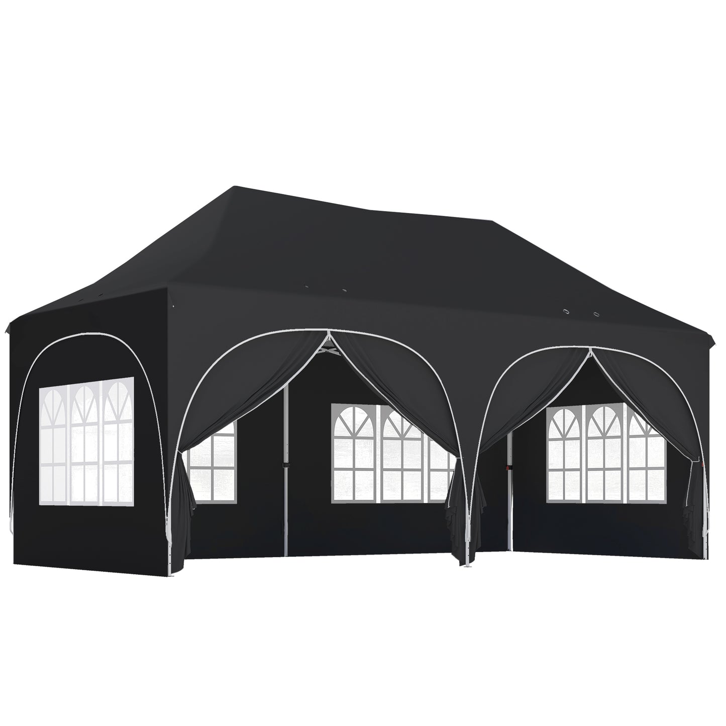 3x6m Peak-Top Pop-Up Party Gazebo | 15-20 People | UPF30+ 210D Oxford Fabric | 6 Sidewalls | 4 Windows & 2 Zipper Doors | 3 Height Settings | 12 Drainage Holes | Stakes, Ropes & Sandbags | Carry Bag | Black