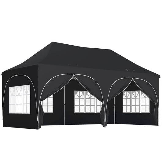 3x6m Peak-Top Pop-Up Party Gazebo | 15-20 People | UPF30+ 210D Oxford Fabric | 6 Sidewalls | 4 Windows & 2 Zipper Doors | 3 Height Settings | 12 Drainage Holes | Stakes, Ropes & Sandbags | Carry Bag | Black