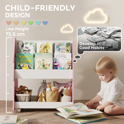 AIYAPLAY Kids Bookshelf with Toy Storage, Double-Sided Bookcase with Wheels, 3 Tier Kids Book Rack for Bedroom, Pink