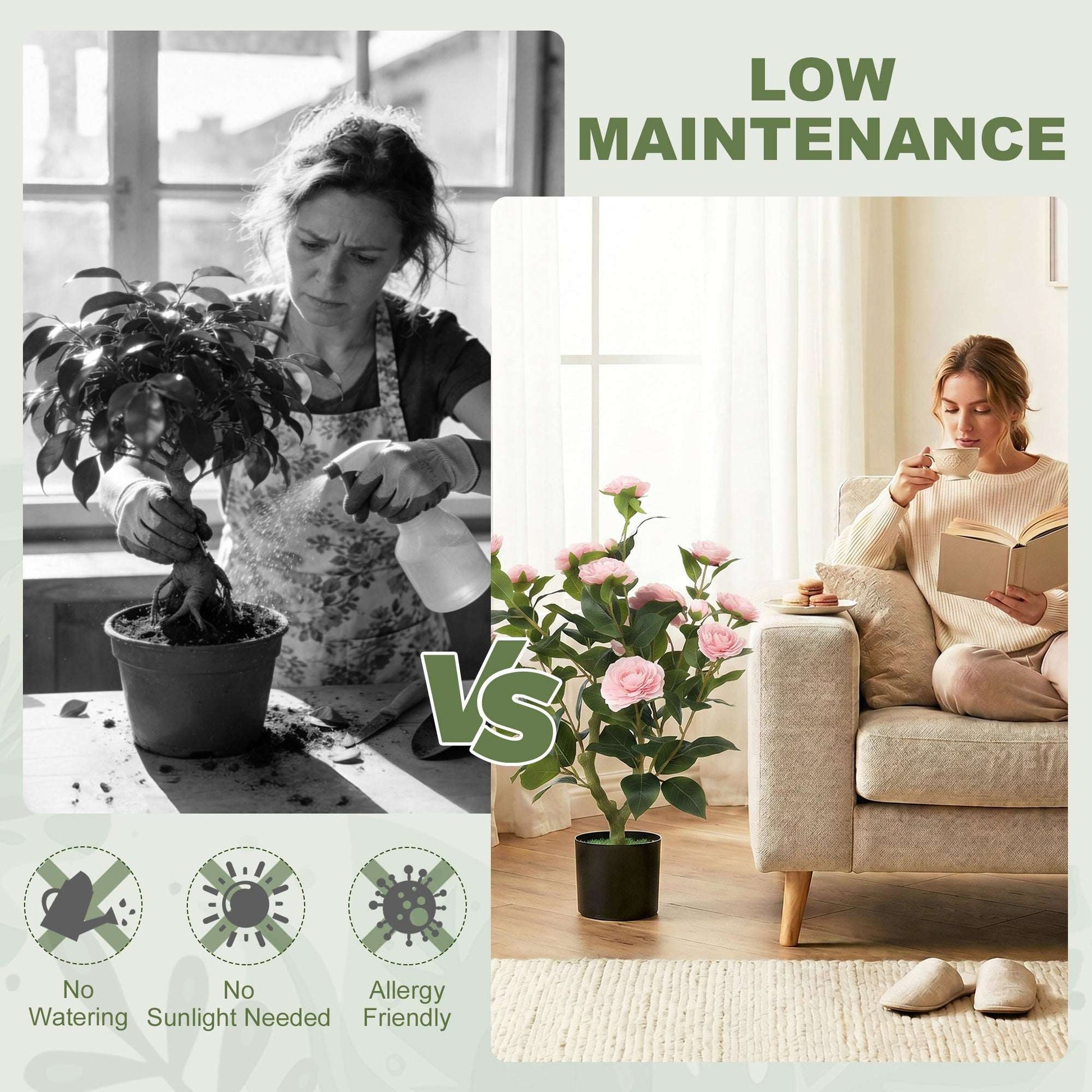 65cm Artificial Camellia Flower Plant in Pot | 116 PEVA Leaves | Silk Blossoms | Moss Effect Base | Cement-Filled Pot | Bendable Internal Wires | Maintenance-Free | Pink