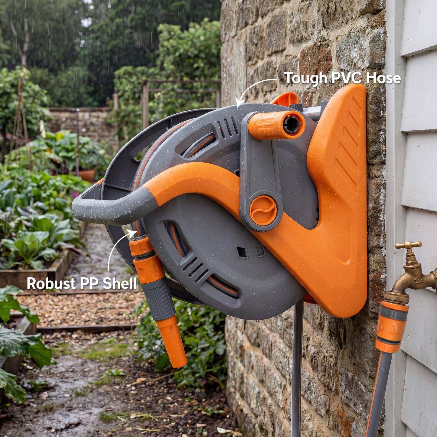 2-in-1 Portable & Wall Mounted Garden Hose Reel | 20+2m | Crank Handle | 2-Pattern Spray Nozzle | Rust-Proof PVC & PP | 8 Bar | 3/4" & 1/2" BSP Adaptor | 40x28x32cm | Orange