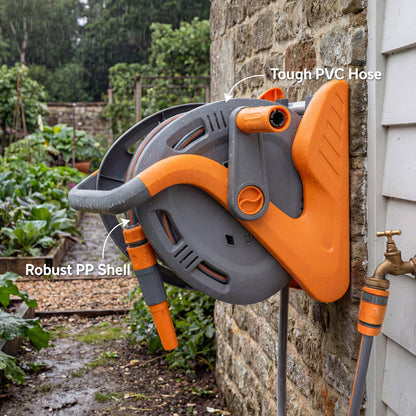 2-in-1 Portable & Wall Mounted Garden Hose Reel | 20+2m | Crank Handle | 2-Pattern Spray Nozzle | Rust-Proof PVC & PP | 8 Bar | 3/4" & 1/2" BSP Adaptor | 40x28x32cm | Orange