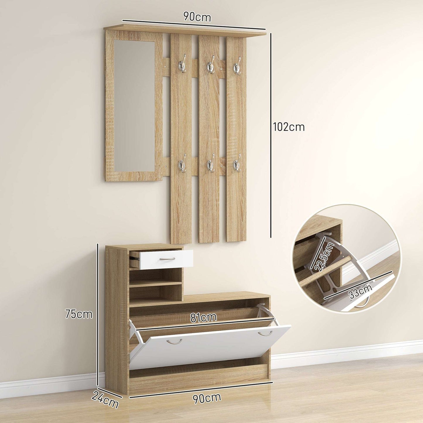 Three-in-One Hallway Storage Set - Natural Wood Finish/White