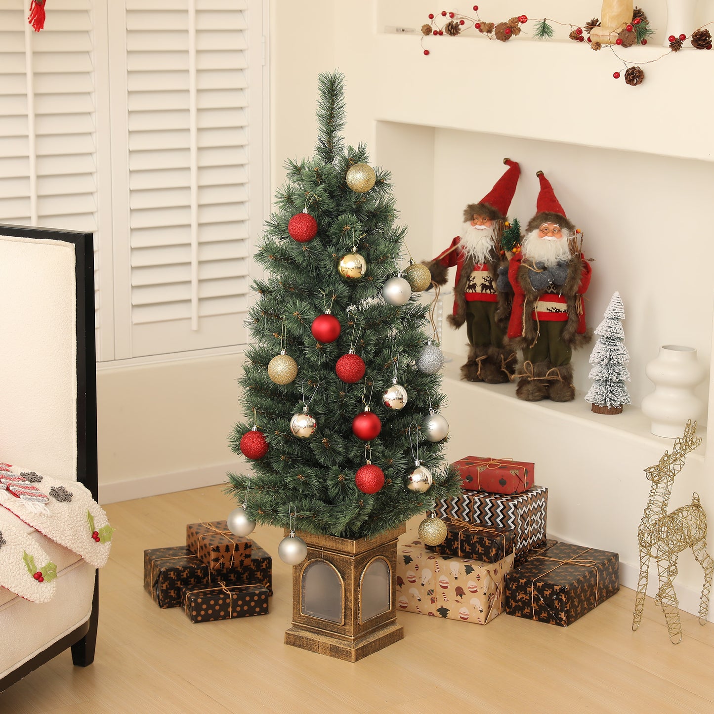 4ft Artificial Christmas Tree With 80 Warm White LED Lights, 8 Modes and Remote, Realistic Tree With Square Stand for Party Decoration, Green