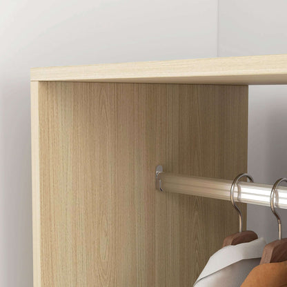 Open Wardrobe on Wheels | Clothes Hanging Rail | 2 Open Shelves | 4 Wheels 2 Lockable | 128x60x40cm | 25kg | Natural Wood Effect