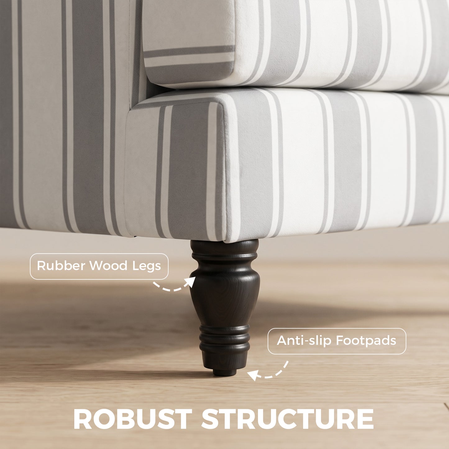 Velvet Accent Armchair | Stripe Design | Turned Rubberwood Legs | 12cm Seat Cushion | 24cm Back Cushion | Wide 90cm Seat | 120kg | 115x82x82cm | Grey & Black