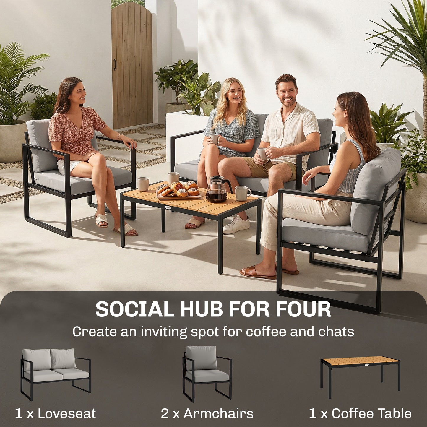 4-Piece Garden Sofa Set | Loveseat | 2 Armchairs | Slatted Plastic-Wood Coffee Table | Powder-Coated Frame | Zip Cushion Covers | Adjustable Foot Pads | 240kg Loveseat Capacity | Grey