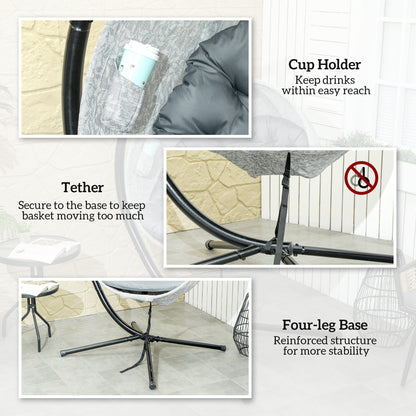 Hanging Egg Swing Chair Outdoor Indoor Garden with Folding Basket, Garden Hanging Chair with Stand, Thickened Cushion, Cup Holder for Patio, Balcony,