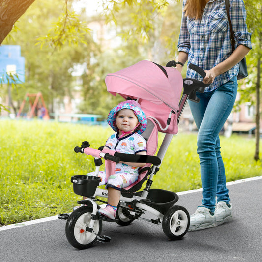 HOMCOM Metal Frame 4 in 1 Baby Push Tricycle with Parent Handle for 1-5 Years Old, Pink