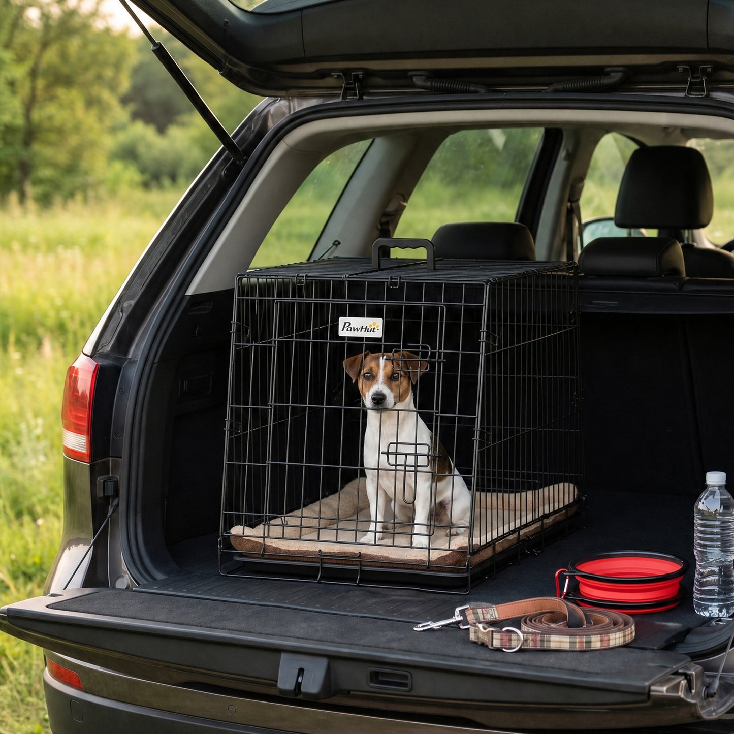 Collapsible Car Dog Crate | Slanted Boot-Fit Design | Removable Tray | Secure Latch | 76 x 48 x 53cm | Small Dogs | Black