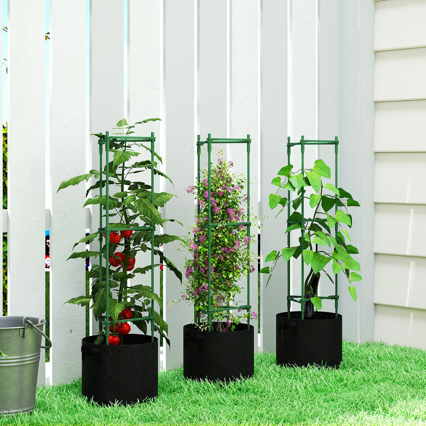 Outsunny 3 Packs Tomato Cages with 83.7L Grow Bags, 47.2" Adjutstable Triangle Plant Stakes Support Trellis with Planter Bags