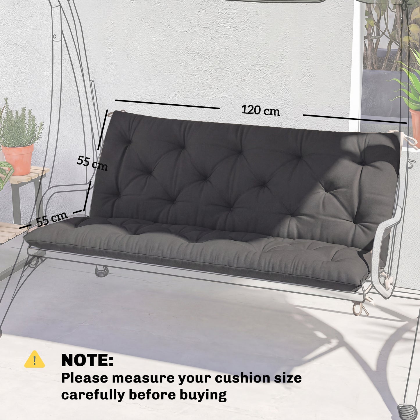 2-Seater Bench & Swing Chair Cushion | 12cm Thick PP Cotton | Tie Fastenings | Water & Stain Resistant | Indoor & Outdoor | 120 x 110cm | Black