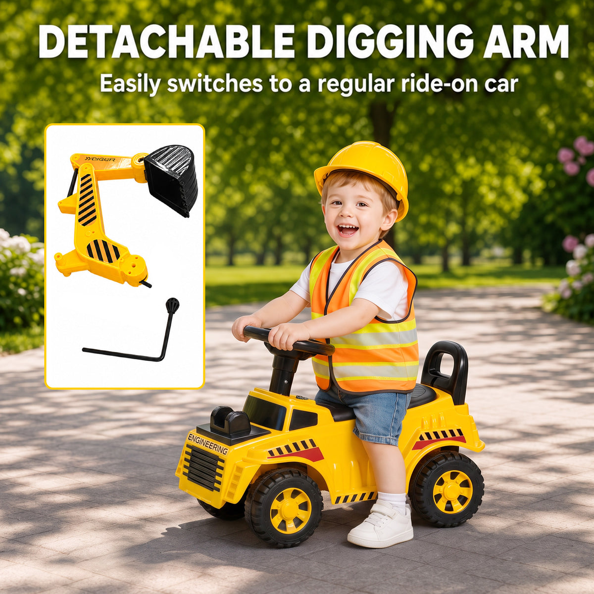 AIYAPLAY Kids Ride-On Digger | Foot-Powered Excavator | Detachable Digging Arm & Bucket | Horn & Helmet | Yellow & Black | Ages 1–4