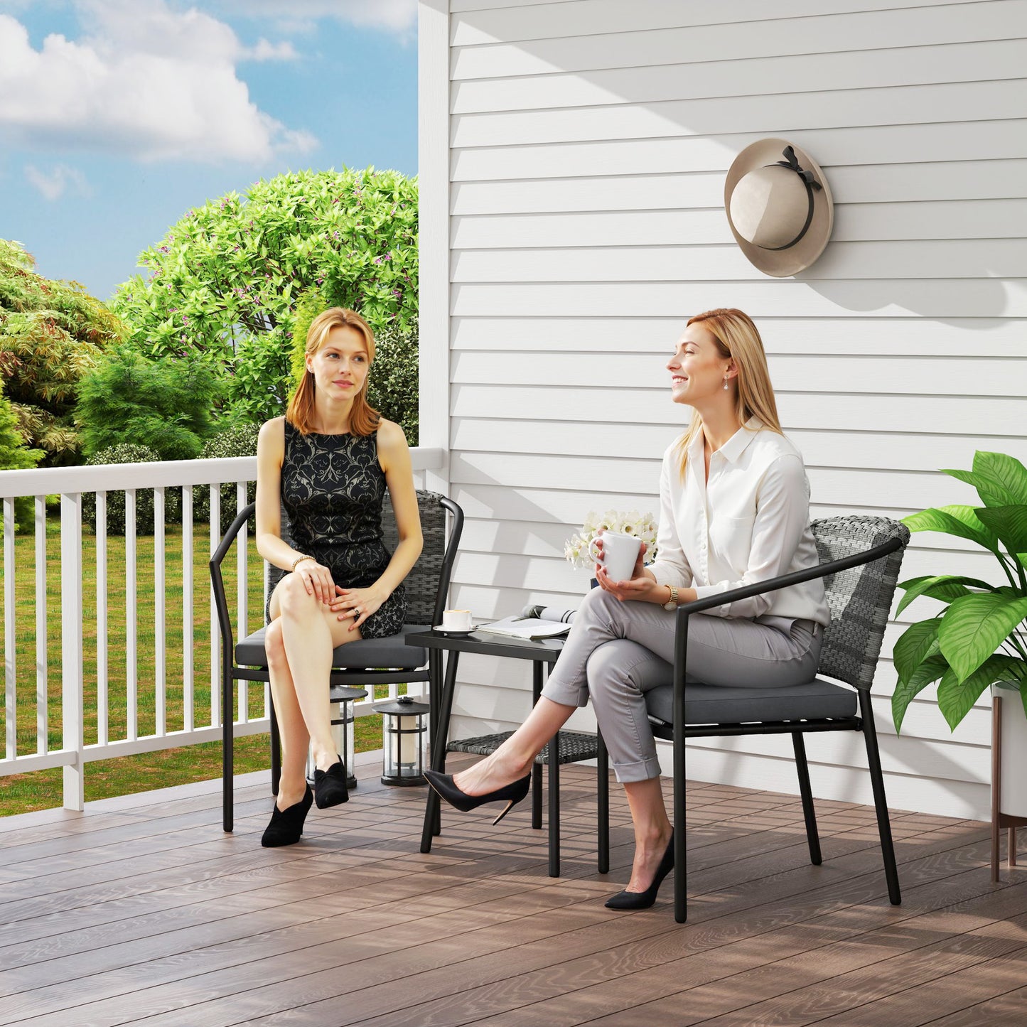 3 Piece Rattan Bistro Set with Cushions, Wicker Garden Furniture Set, Glass Top Coffee Table and Chairs for Patio, Balcony, Terrace and Conservatory