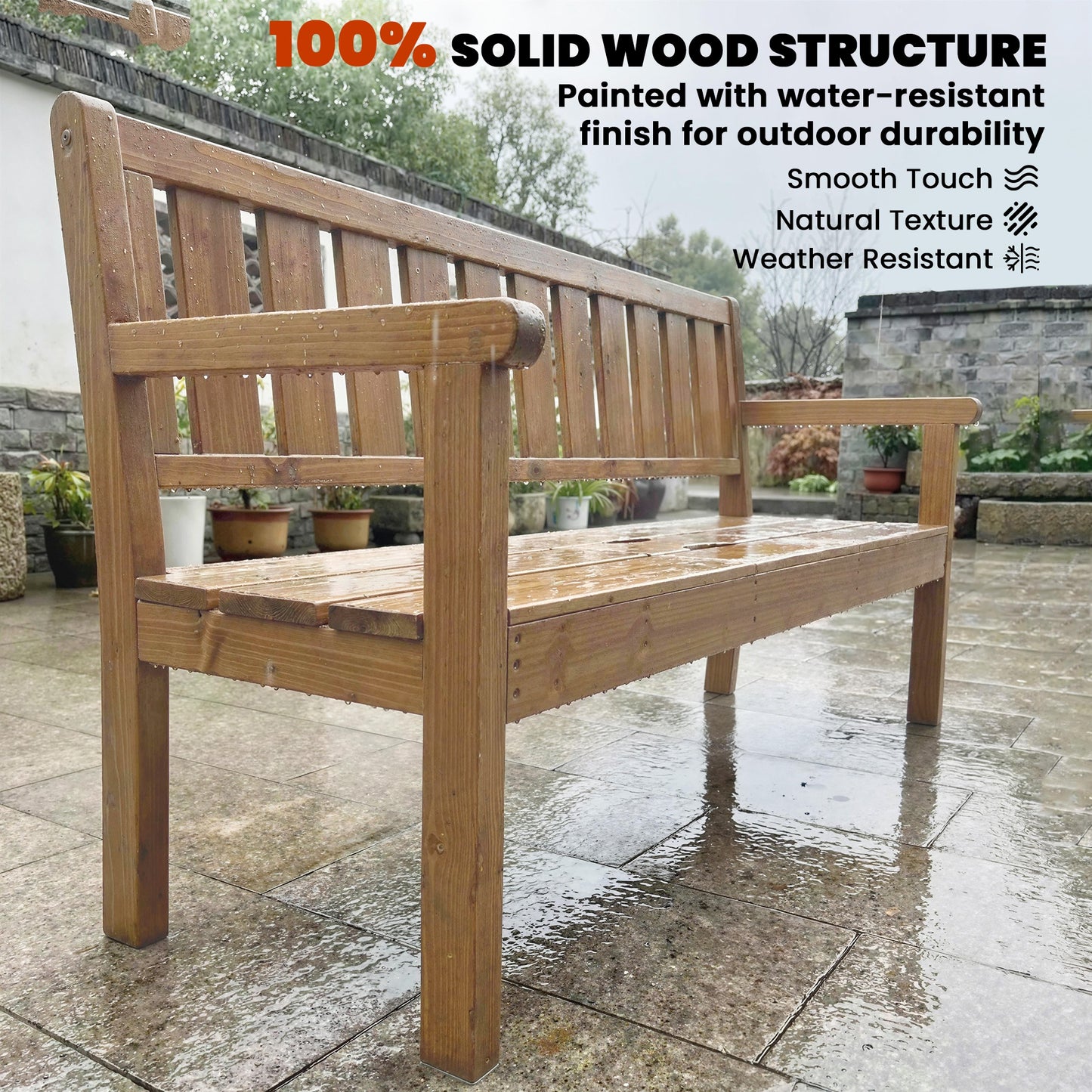 Outsunny Wooden Garden Loveseat with Liftable Table & Shelf, 2-3-Seater Outdoor Bench, Fir Wood Jack and Jill Garden Seat, Teak