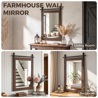 Farmhouse Wall Mirror | 86.5H x 61W cm | Rectangular Tempered Glass & Decorative Barn-Door Detail | Dark Brown / White Oak
