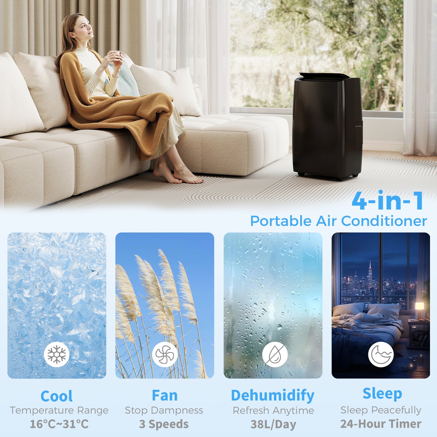 Portable Air Conditioner | 12000 BTU | 4-in-1 Cool Dehumidify Fan Sleep | 18-35m² | A Energy Rated | 24hr Timer | Remote Control | Black