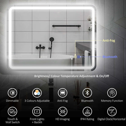60 x 80 cm Bluetooth LED Bathroom Mirror with Clock Anti-Fog - Silver Tone