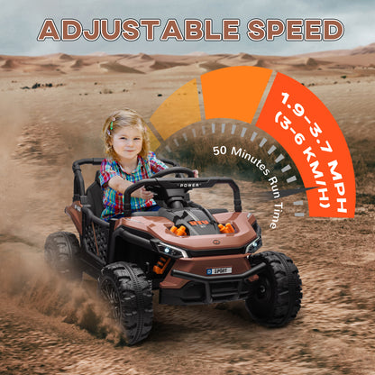 AIYAPLAY 12V Battery Powered Ride on Truck w/ Remote, 4 Suspension Wheels, Horn Lights Music USB, for 3-5 Years Old - Brown / Black