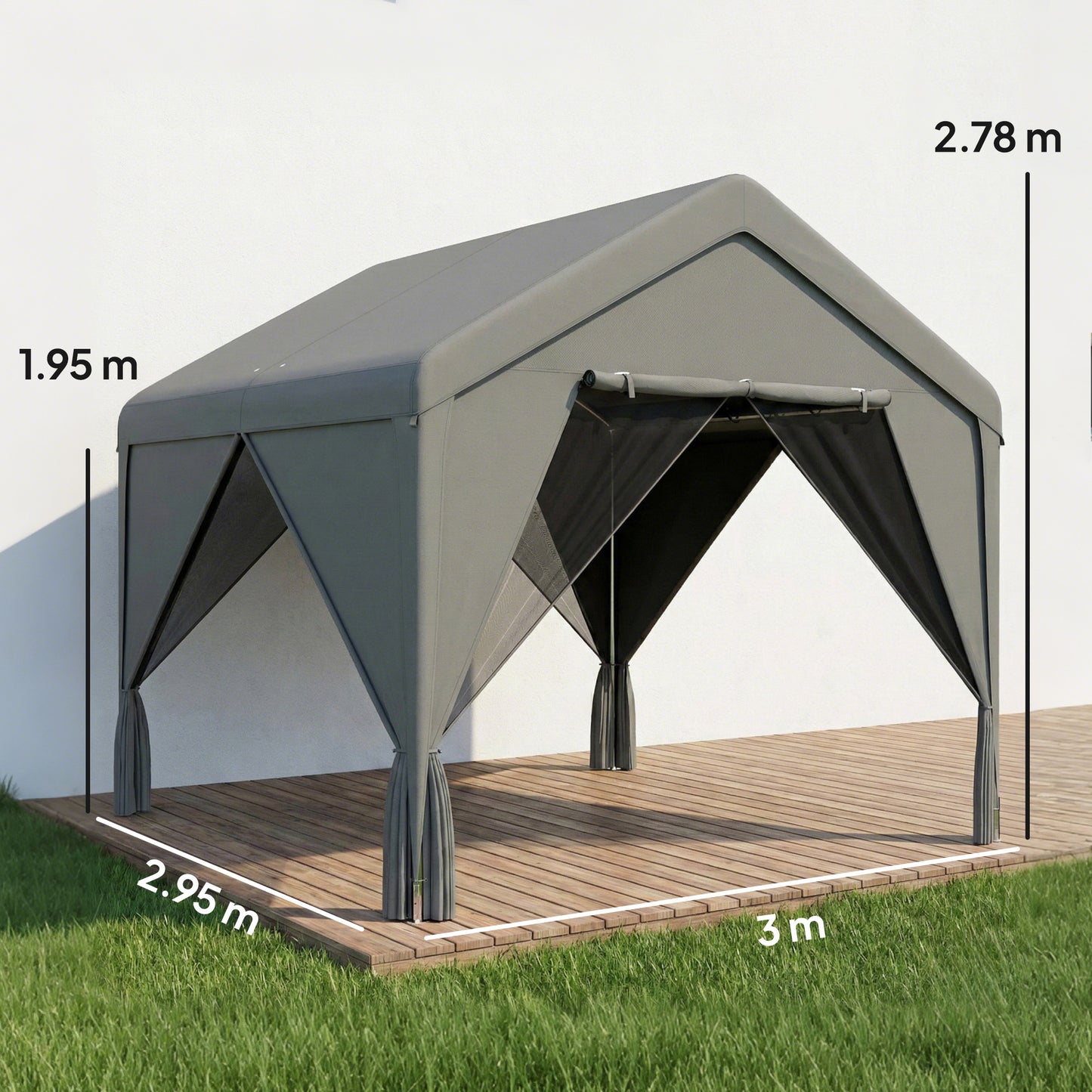 3x3m Garden Gazebo | Dual-Layer Sidewalls | Mesh Netting & Curtains | UV30+ PVC-Coated Apex Roof | 2 Roll-Up Doors & 2 Side Doors | Galvanised Steel Frame | Seats 6-9 | 295x300x278cm | Dark Grey