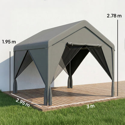 3x3m Garden Gazebo | Dual-Layer Sidewalls | Mesh Netting & Curtains | UV30+ PVC-Coated Apex Roof | 2 Roll-Up Doors & 2 Side Doors | Galvanised Steel Frame | Seats 6-9 | 295x300x278cm | Dark Grey