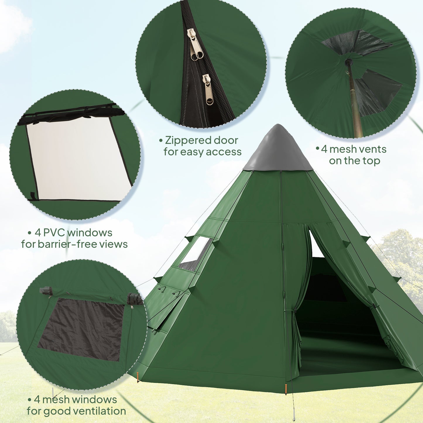 Outsunny 6 Men Tipi Tent with Carry Bag - Green / Orange