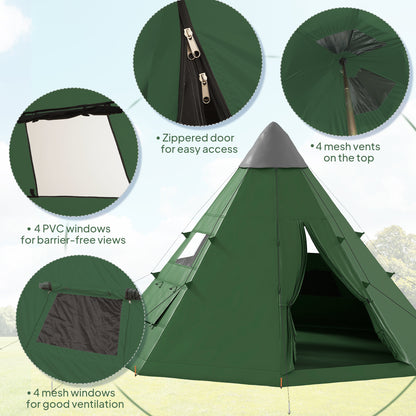 Outsunny 6 Men Tipi Tent with Carry Bag - Green / Orange