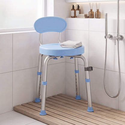 360° Swivel Shower Stool | Aluminium Frame | 5-Level Adjustable Height 63–75cm | Backrest | Non-Slip | 136kg | Shower Head Holder | Light Blue
