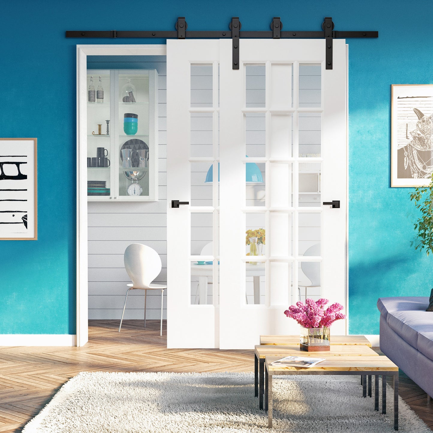 Sliding Barn Door Hardware Track Kit | 200cm Rail | 2 Doors | 90kg | Carbon Steel | Industrial Rollers | 35-40mm Door Panels | Wood & Cement Walls | Black